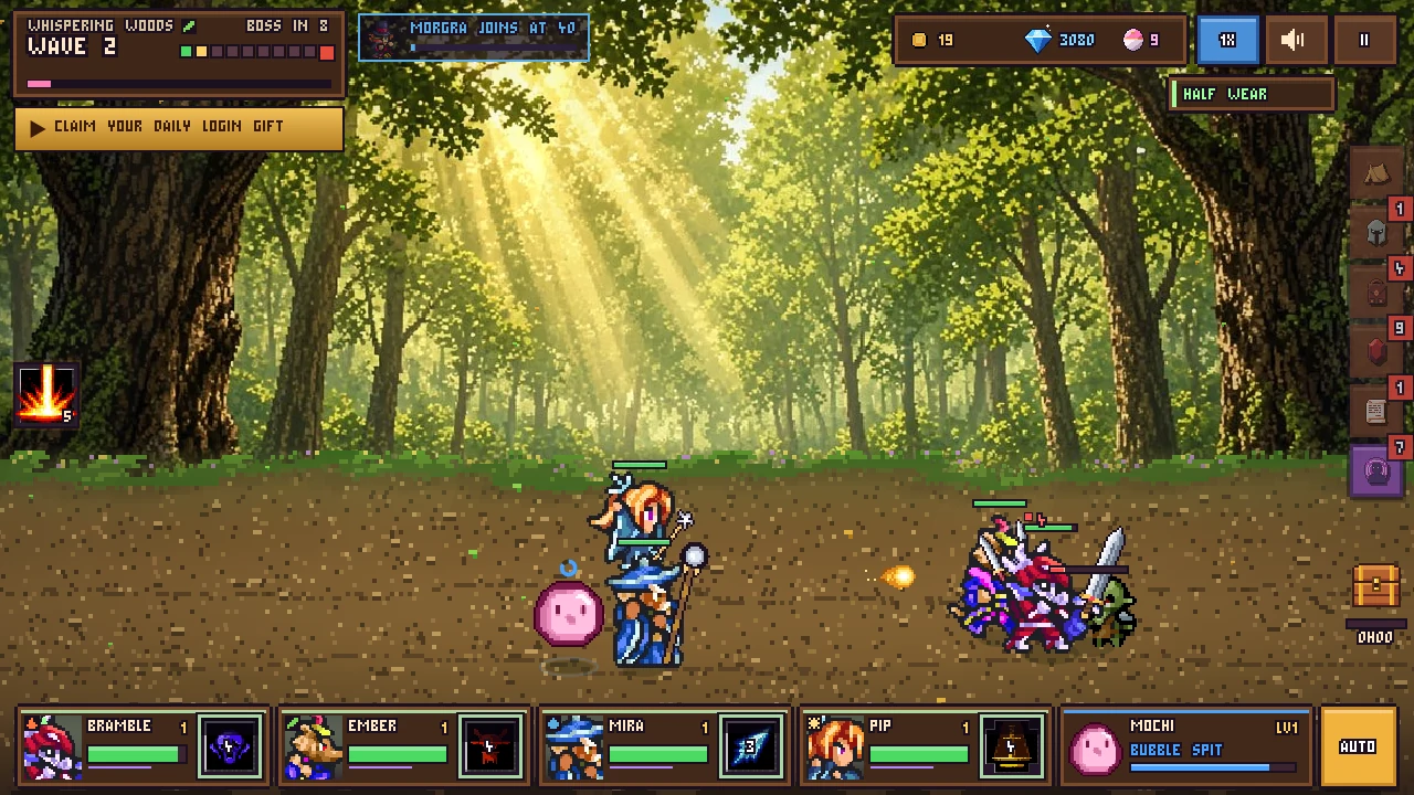 A battle in the Whispering Woods: four heroes and a pet slime fight a goblin pack.